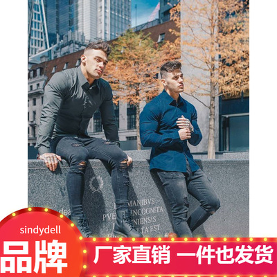 新款肌肉男狗欧美运动健身衣男长袖衬衫速干高弹力棉英伦兄弟大码