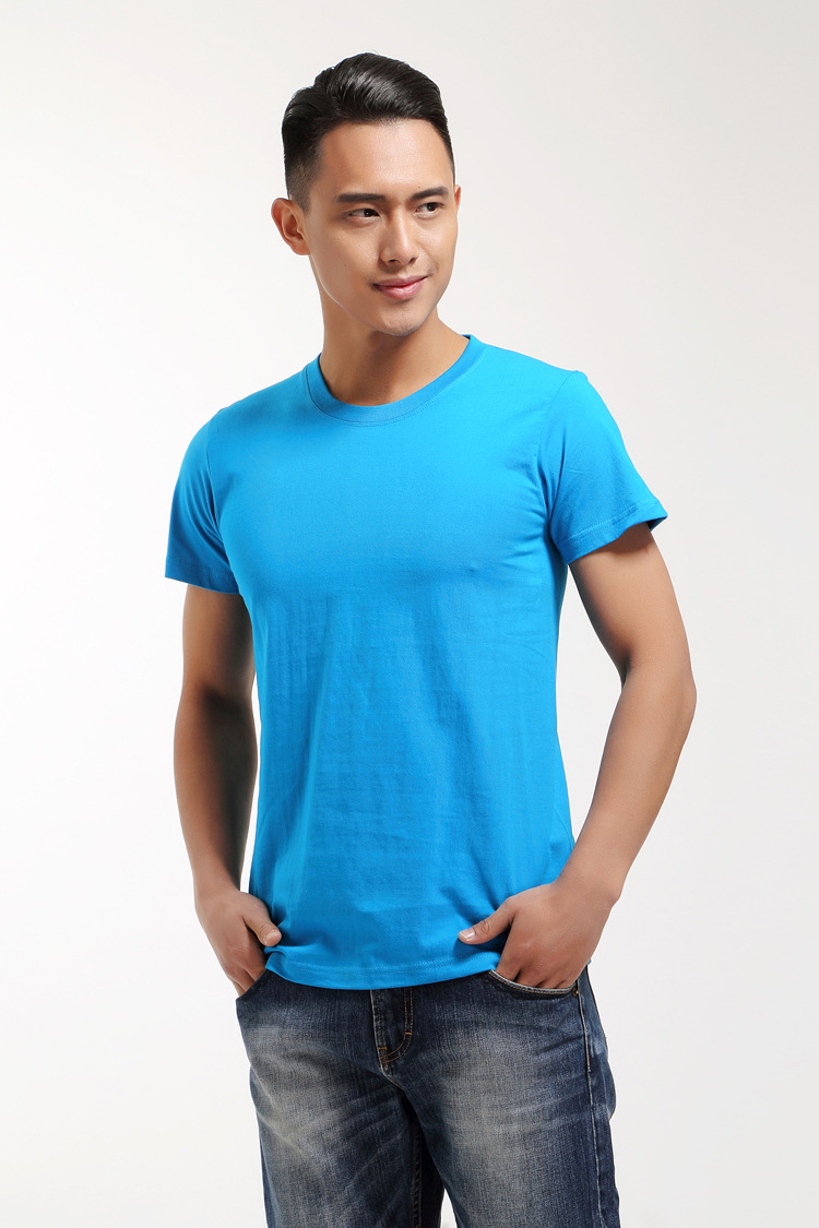 短袖t恤男纯棉圆领半袖湖蓝色纯色定做ogo广告文化班服活动衫批发