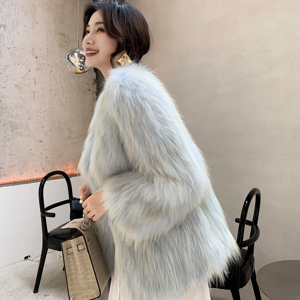 画报小姐姐 2019稀有红狐狸毛编织皮草外套女v领中长款裘皮大衣冬