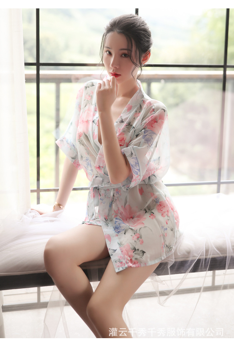 性感内衣家居浴袍诱惑开襟蝴蝶结绑带女时尚印花雪纺睡袍和服套装