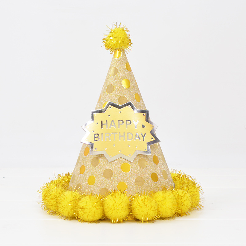 Creative Birthday Hat Adult and Children Baby Birthday Party Hat Pompons Decorative Pointed Paper Hat Factory Wholesale