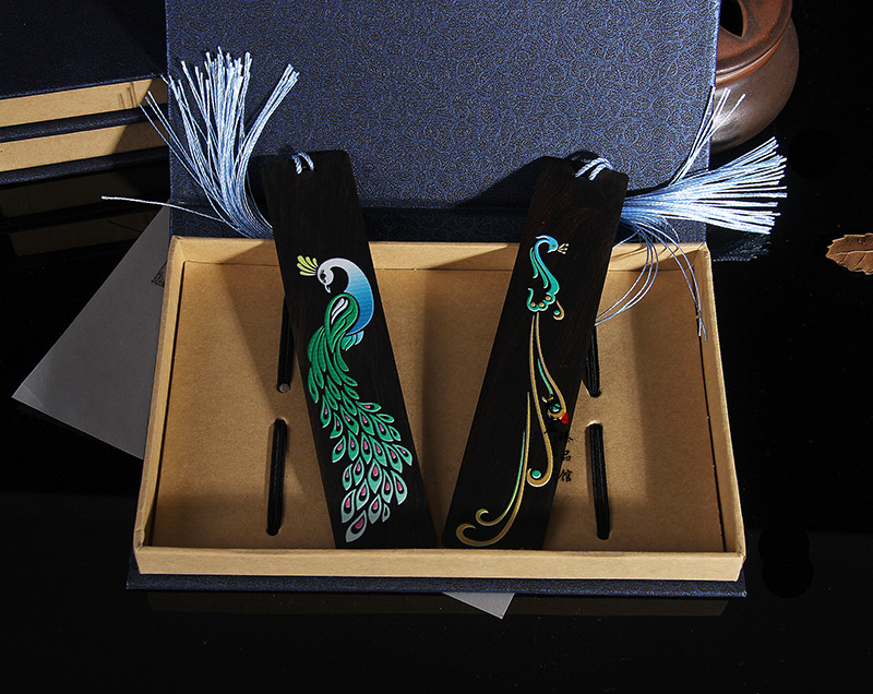 彩绘书签 黑檀彩绘孔雀书签 创意伴手礼 教师节礼品 可定制刻字