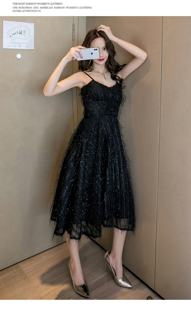 2019赫本风心机小黑裙子女夏款流苏性感法式黑色吊带连衣裙礼服