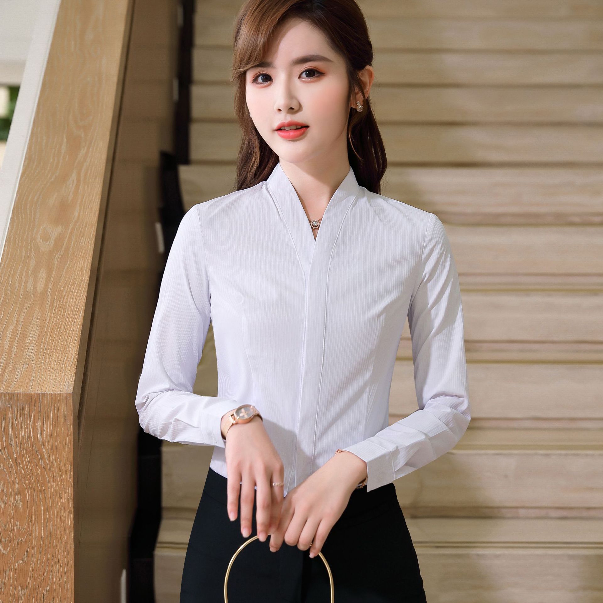 南航空姐白衬衫女长袖v领职业装衬衣空乘面试正装工作服高铁制服