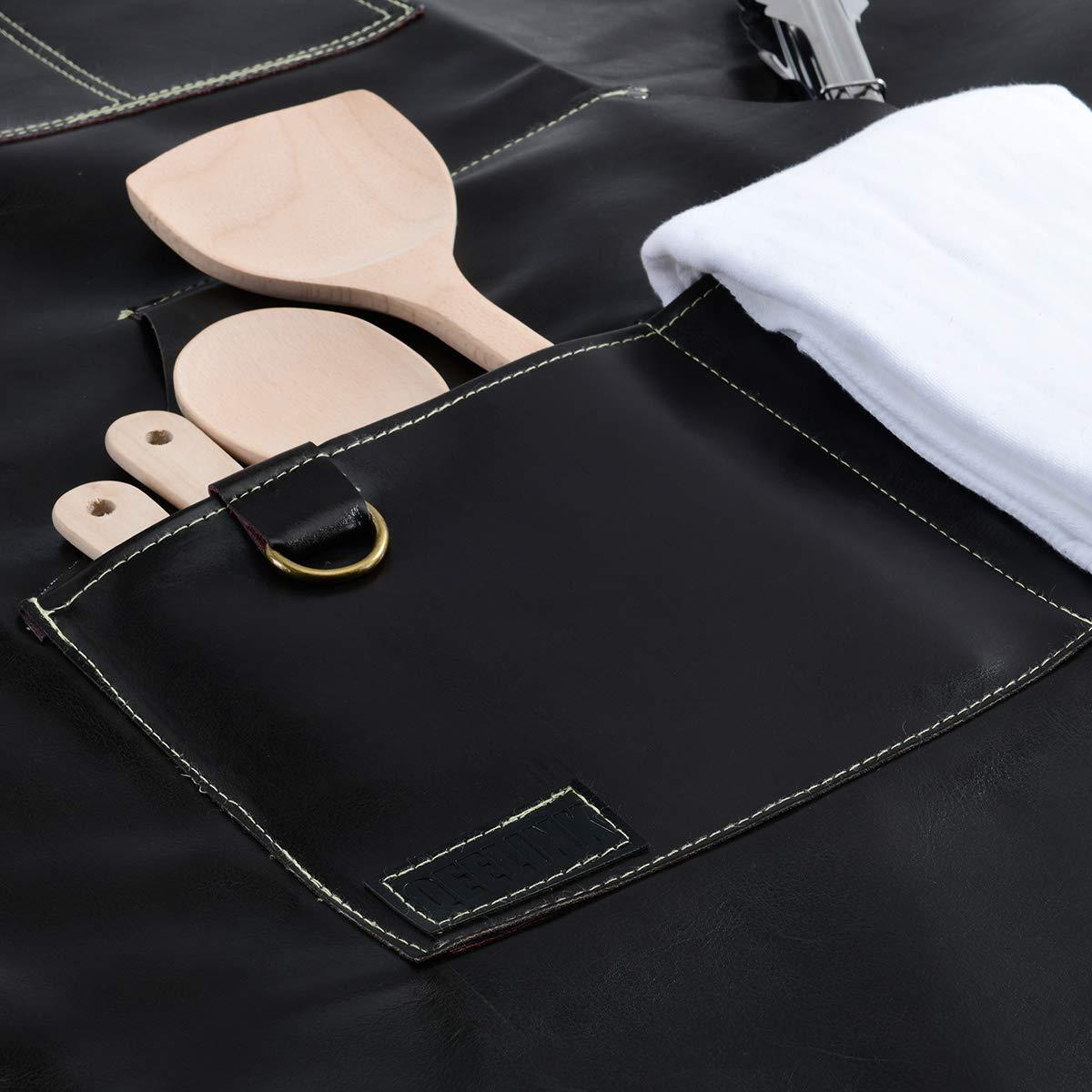 黑色厨师围裙男女皆宜防水皮革围裙 带6个口袋和交叉背带工作围裙