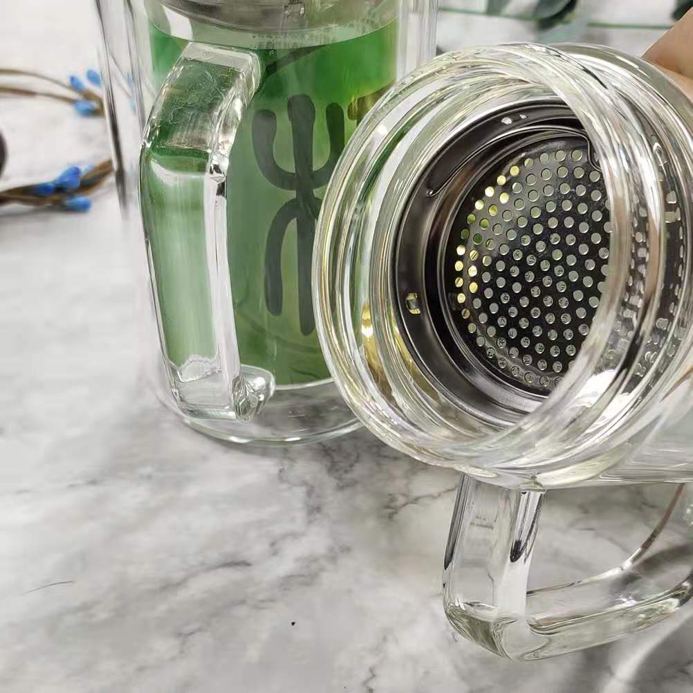 厂家直销商务办公带把手柄隔热双层玻璃杯礼品茶杯可定制加印logo