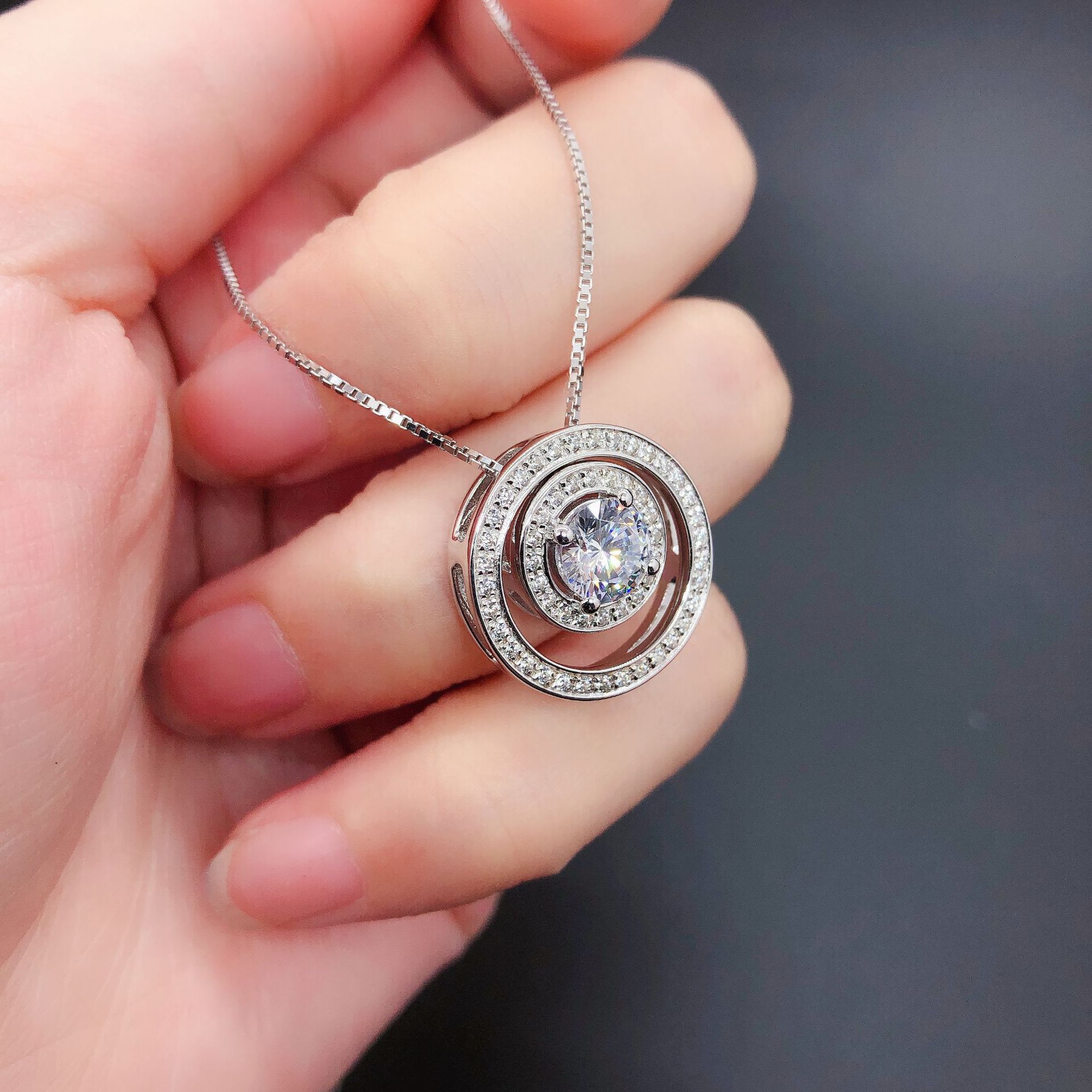 一件代发925银吊坠项链双圈一克拉时尚潮流首饰项链莫桑