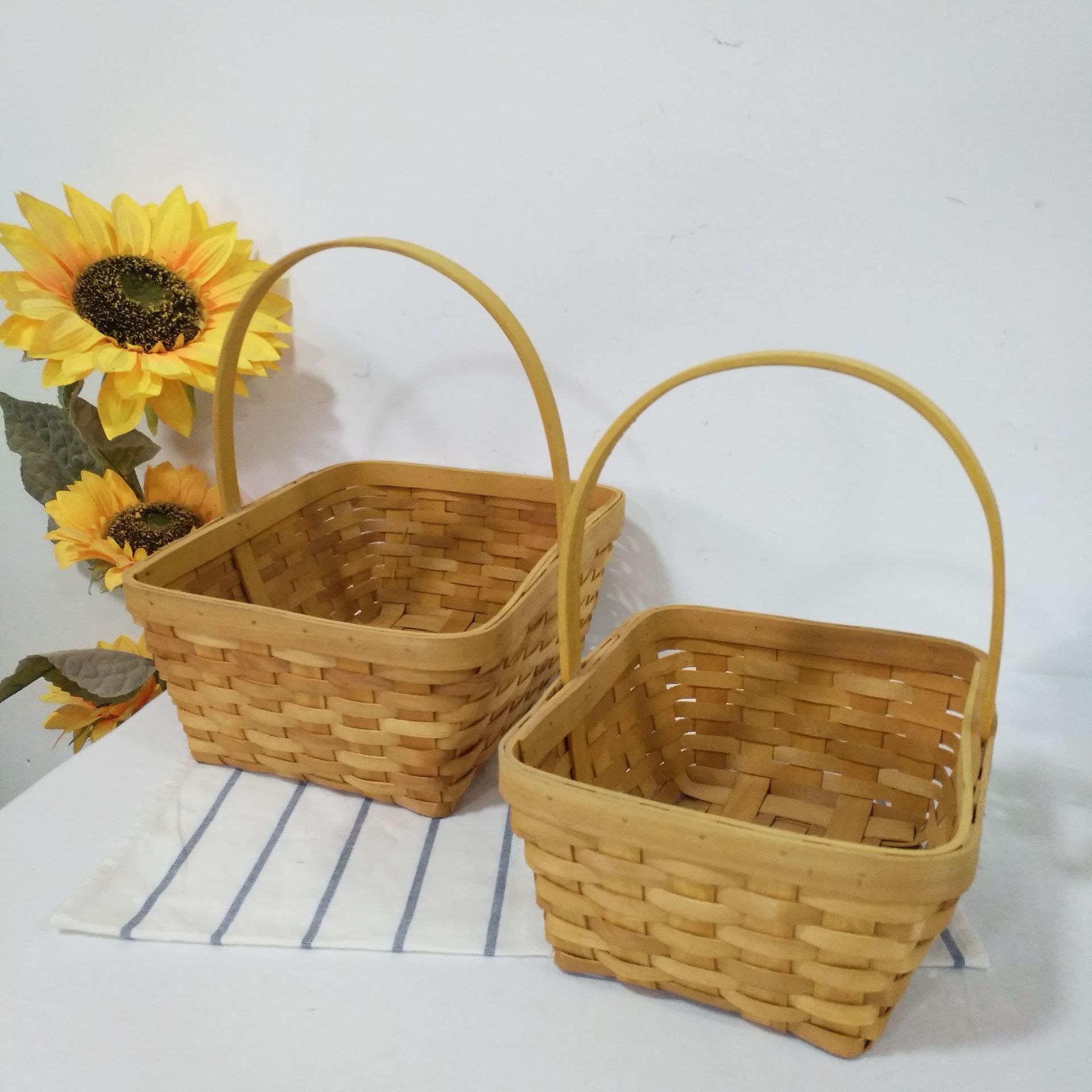 手提木片编织收纳篮水果蔬菜篮子野餐篮家居储物筐子