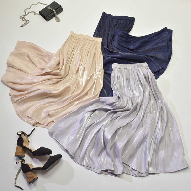 New Spring and Summer Pearlescent Glossy Silky Draping Wide Hem Flowy Pleated Skirt High Waist Mid-Length A- line Skirt Women