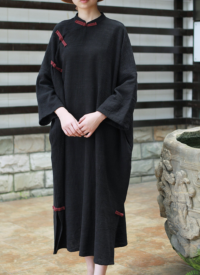 秋装 苎麻中式盘扣粗麻袍子禅意复古宽松连衣裙长裙大码190701
