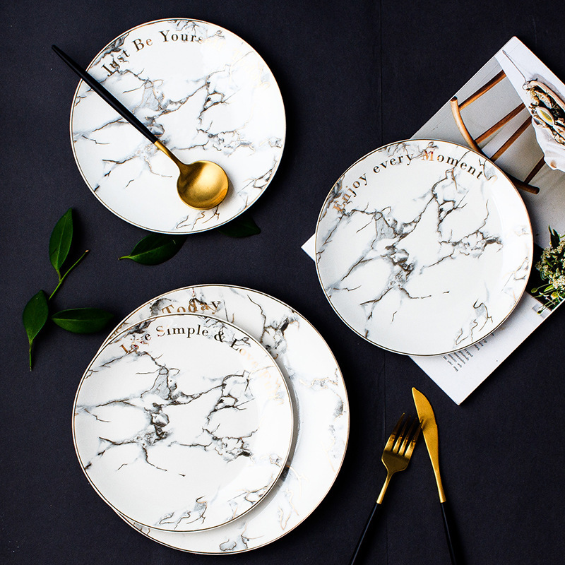 Nordic Style Gold-Painted Marble Series Ceramic Breakfast Plate Western Cuisine Plate Steak Plate Dish Plate Fruit Plate Decorative Tray