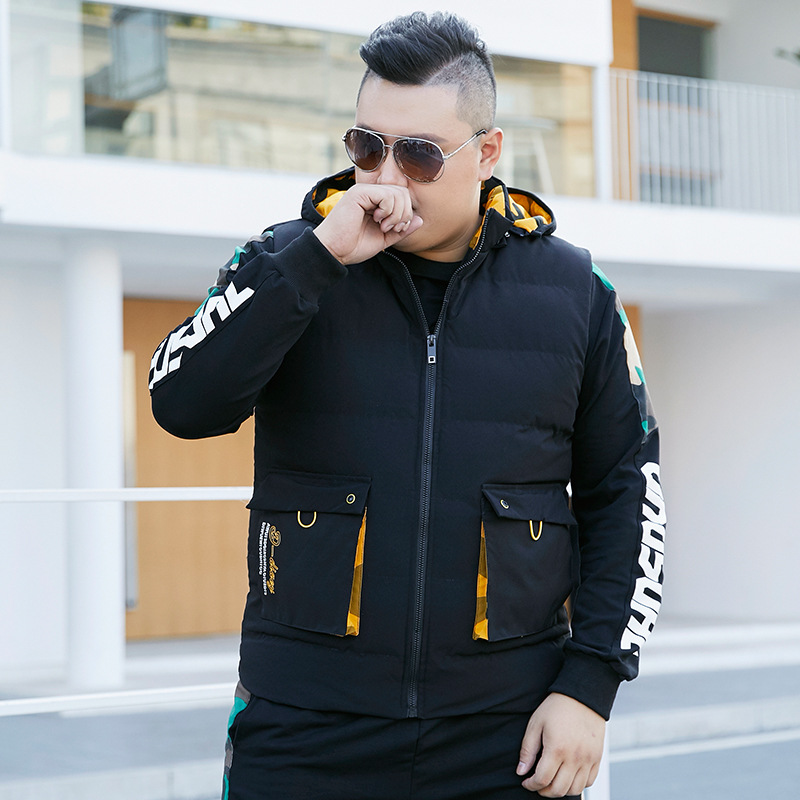 秋冬季短款带帽无袖马甲男帅气加肥加大潮流休闲工装马夹外套胖子