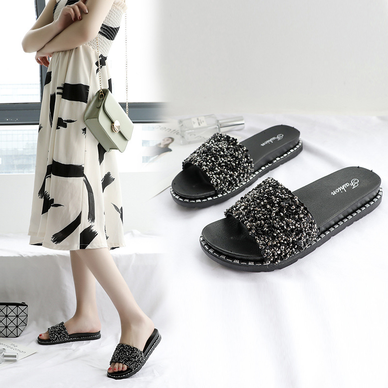 New Women's Summer Women's Sandals Outer Wear Fashionable Korean All-Match Sequined Sandals Thick Bottom Flip Flops Women's Beach Shoes