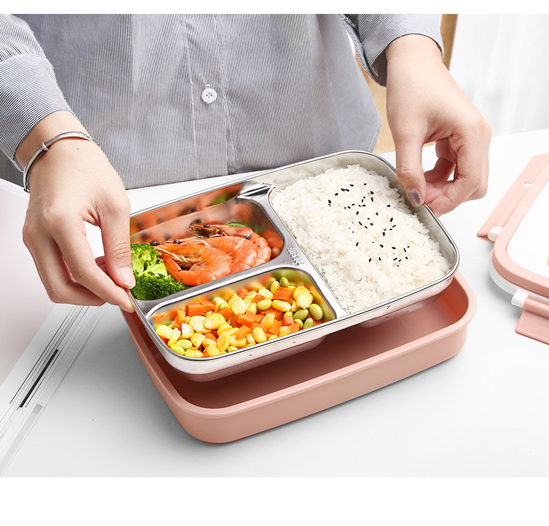 304不锈钢午餐饭盒 成人学生方形不锈钢便携便当手提密封保温饭盒