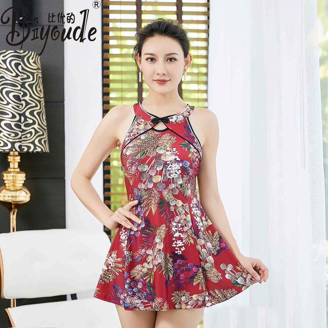 复古旗袍款泳衣女连体保守裙式平角泳装中老年妈妈泡温泉游泳衣