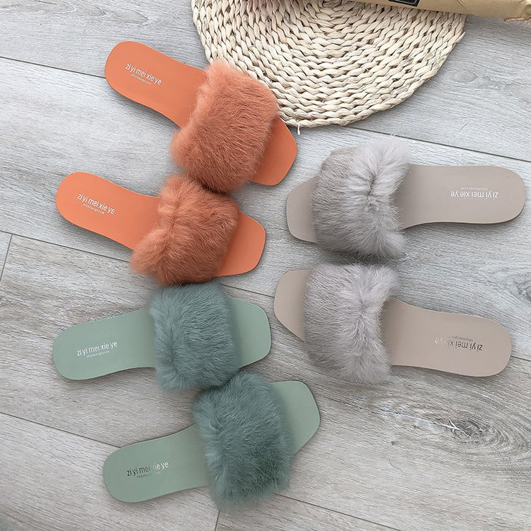 平底女鞋_新款2019夏交叉透明毛毛一字型凉拖鞋软底毛毛女鞋