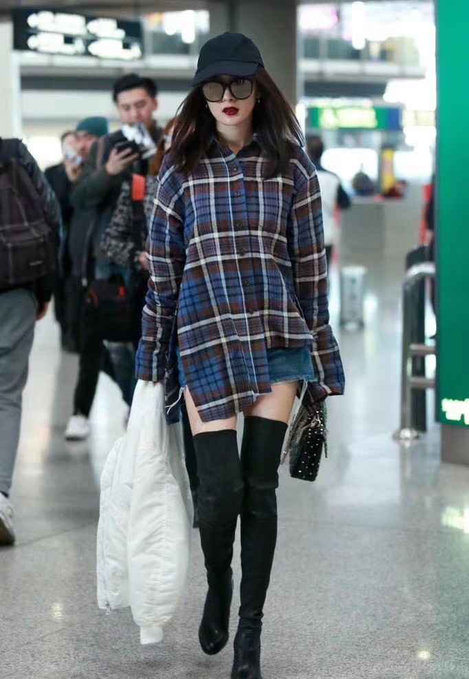 杨幂设计感小众春秋不对称高开叉宽松格子加厚磨毛长袖衬衫女外穿