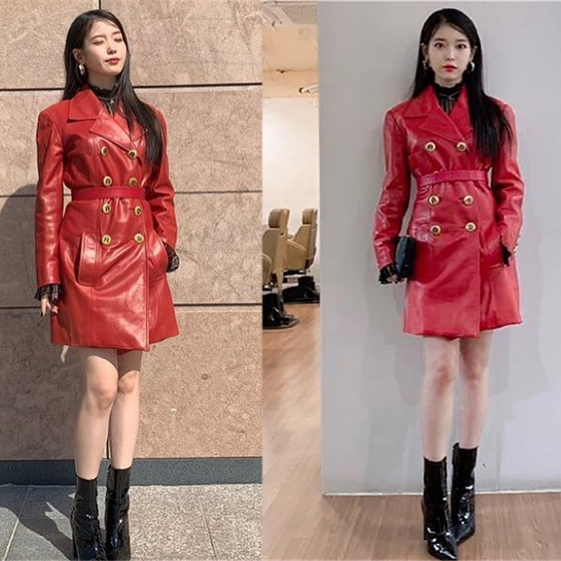 德鲁纳酒店iu李智恩同款红色皮衣韩版双排扣收腰中长款风衣外套女