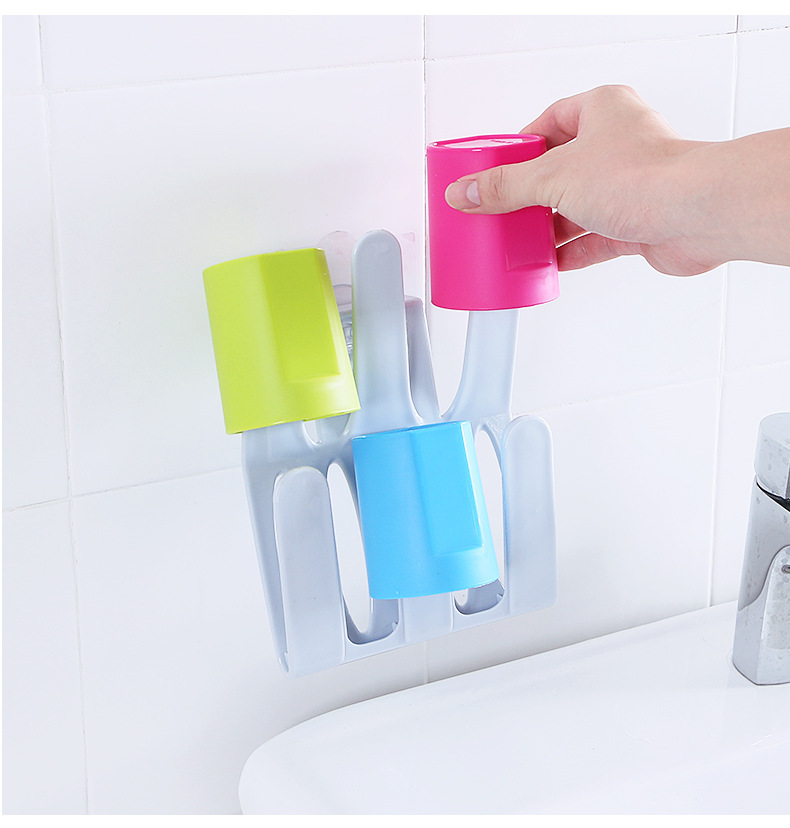 创意简约壁挂式杯架免打孔静电膜吸壁式漱口杯架沥水浴室收纳架
