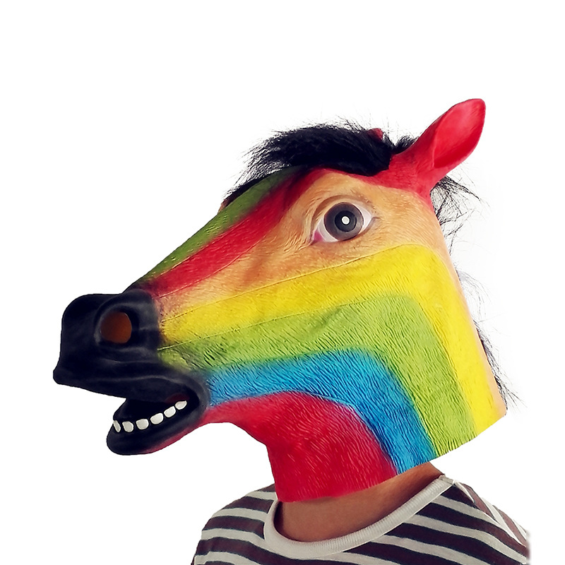 七彩马逼真万圣节派对面具 cos表演动物头套 彩虹马头乳胶面具
