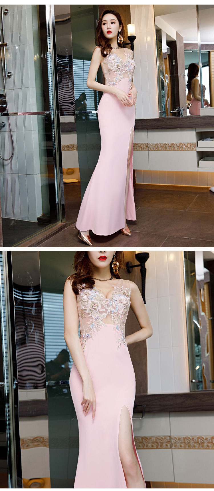 夜店性感礼服透明高开叉蕾丝镂空透视装长款晚装聚会礼服透视长裙