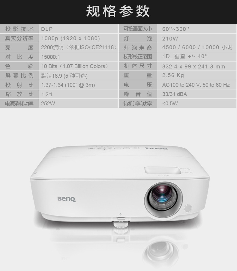 benq明基w1050高清投影机 2200流明1080p家用投影仪 w1070 升级款
