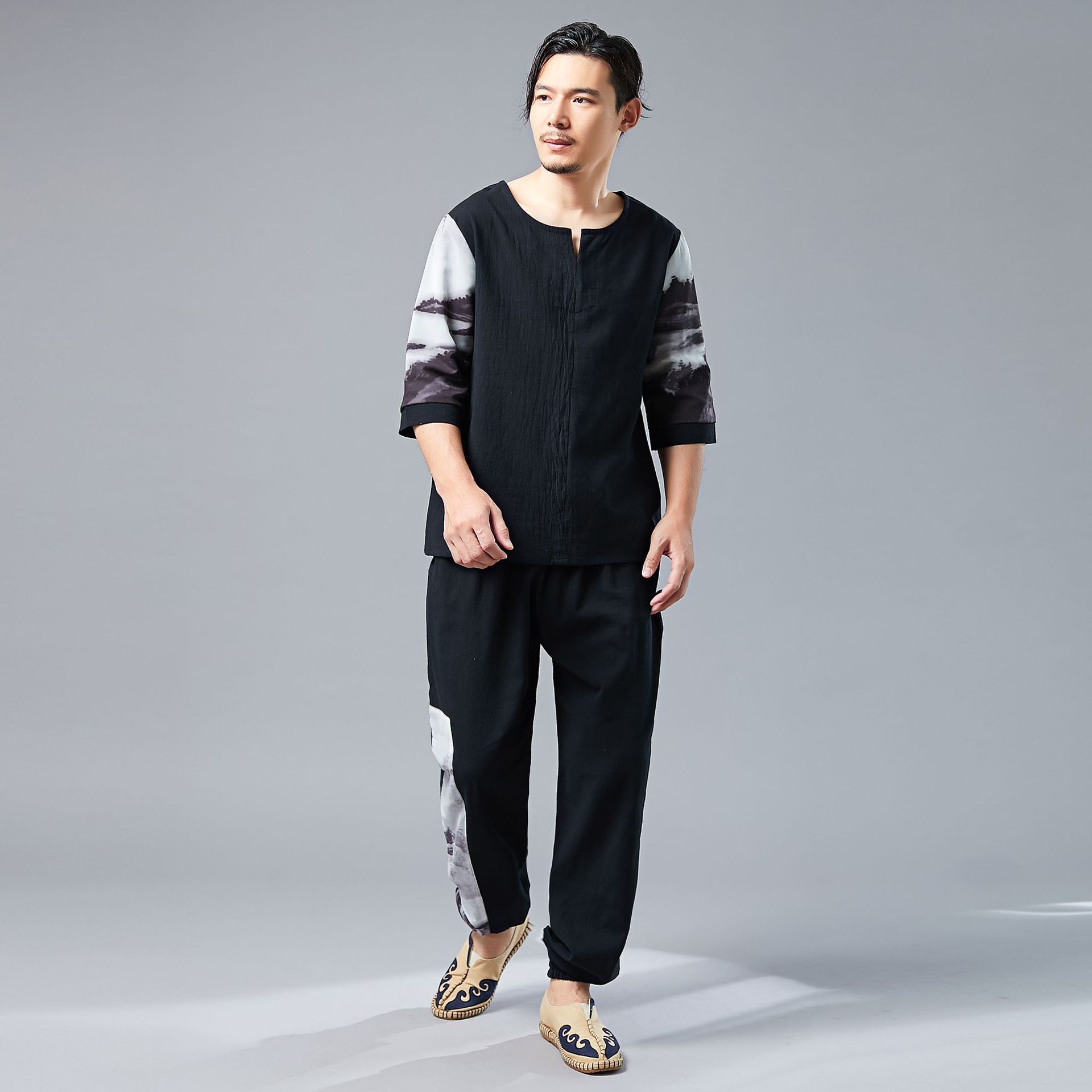 中国风亚麻套装男夏季宽松大码民族风短袖长裤薄款两件套禅服男装