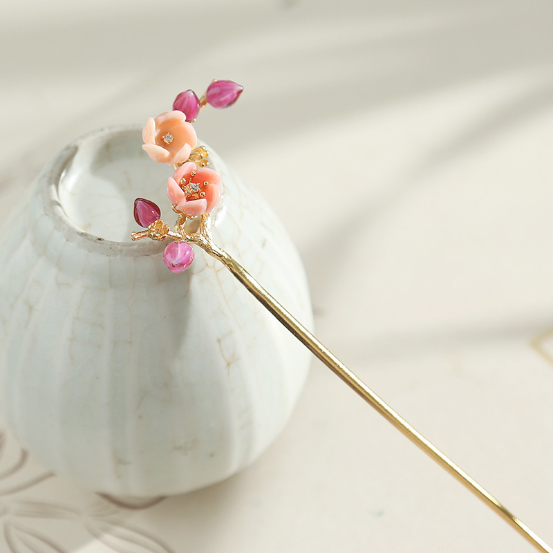 清新粉色皇后贝大红琉璃s925银树枝发簪高档女发钗古装汉服配饰批