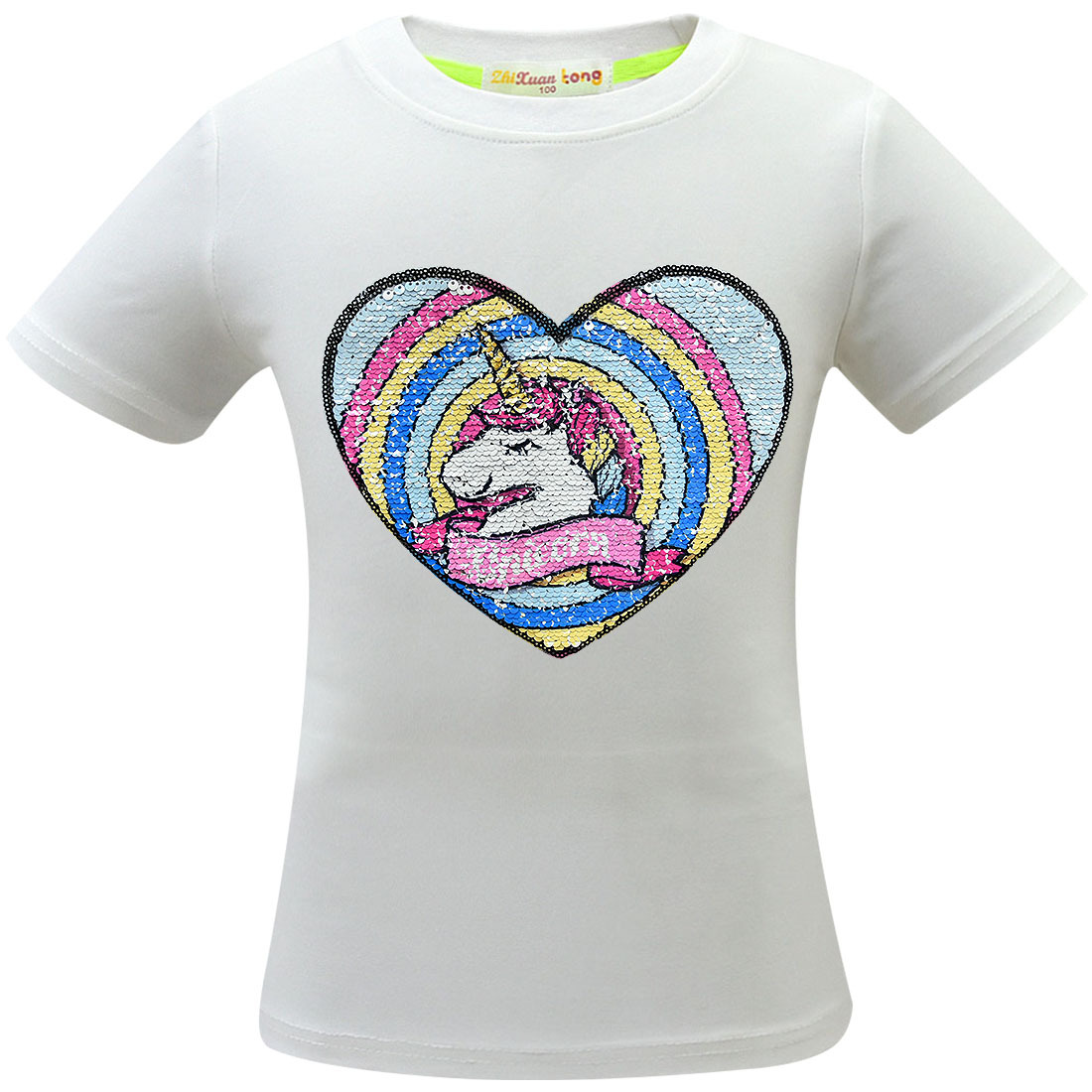 夏季独角兽unicorn女童短袖心形可爱双面亮片t恤厂家现货3485