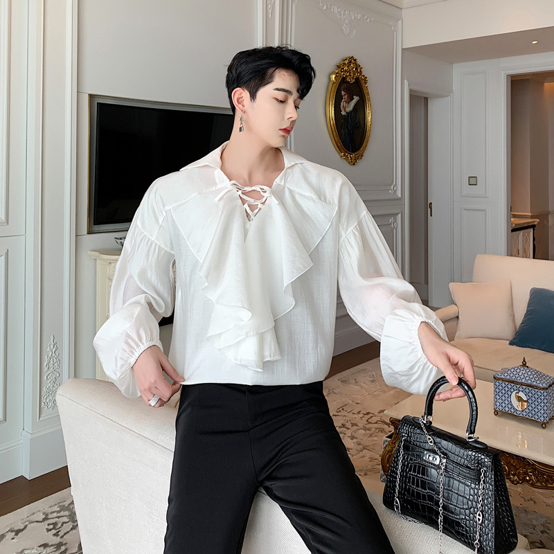 0成交0件设计师走秀款杰克船长交叉绑带灯笼袖衬衫男模特系带荷叶边