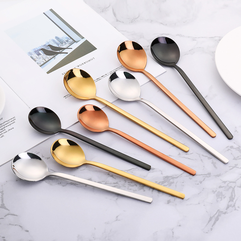 304不锈钢圆勺 韩式餐具布轮镜光加厚不锈钢金属勺长柄搅拌调羹勺