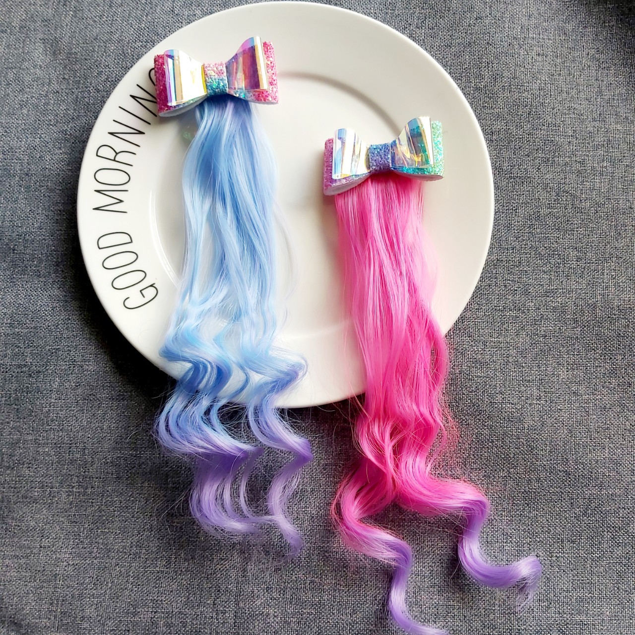 手工制作时尚渐变色格利特闪粉蝴蝶结儿童卷发假发儿童发夹