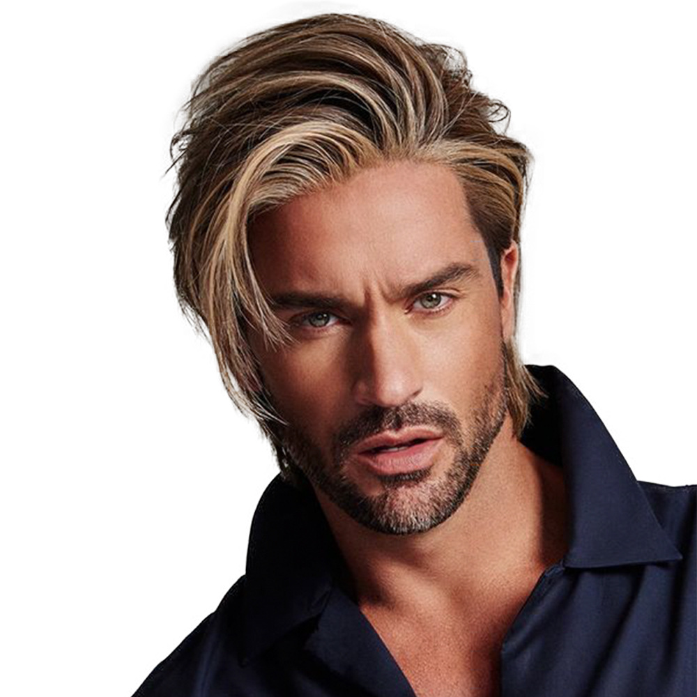 亚马逊热销 欧美男士短假发头套 棕金色偏分短直假发化纤现货批发