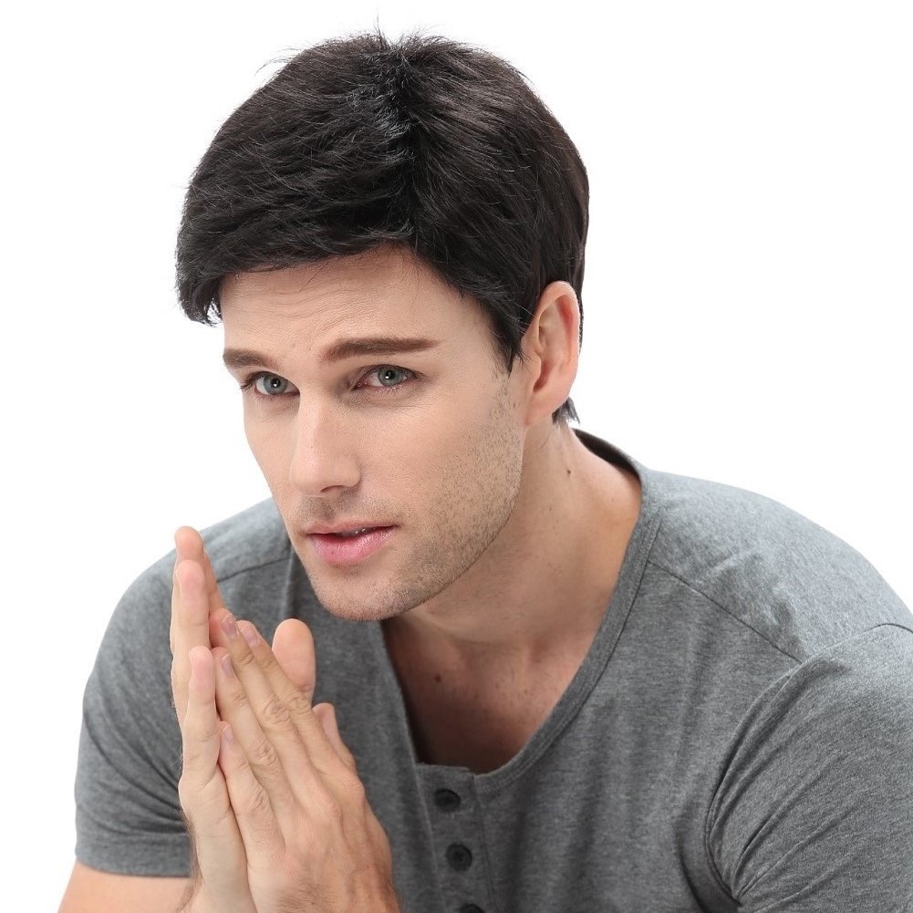 化纤头套批发欧美男士假发wigs黑色短斜刘海时尚男假发