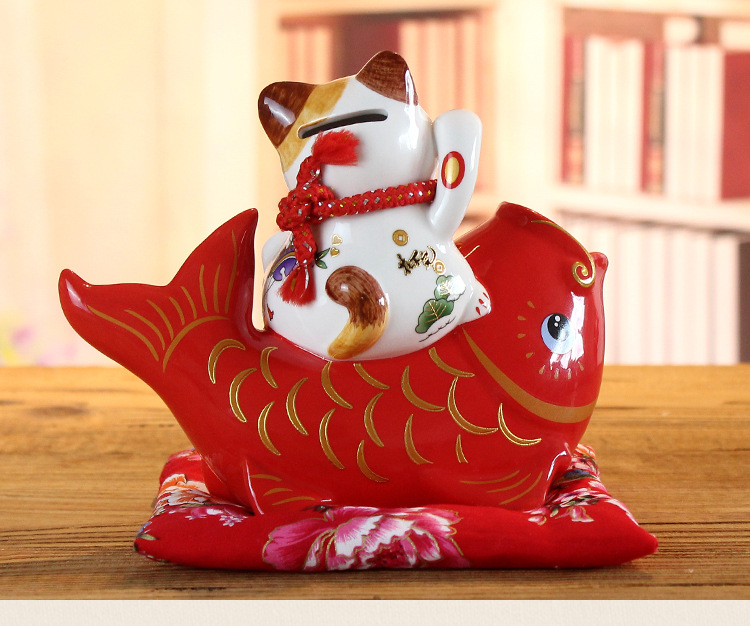 创意卡通储蓄罐小号招财猫陶瓷鱼工艺品摆件店铺开业公司活动礼品