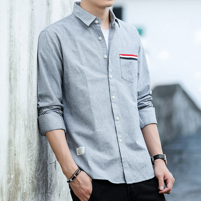 新品新品2019春夏季男士商务休闲翻领开衫上衣男衬衫简约青年纯棉