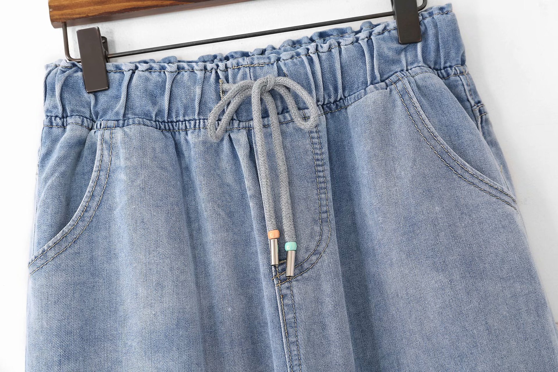 欧美风女装批发2019夏新款 松紧腰抽绳蝴蝶结牛仔阔腿裤女