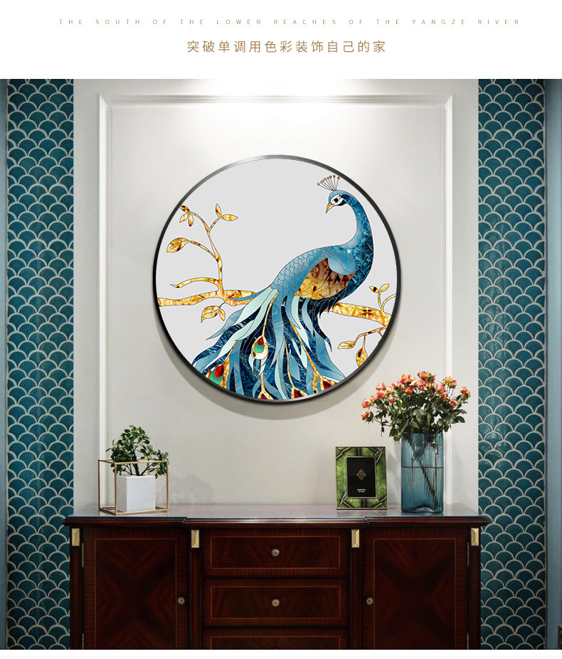 入户玄关画装饰画圆形走廊珐琅彩墙面壁画现代简约大气挂画孔雀画
