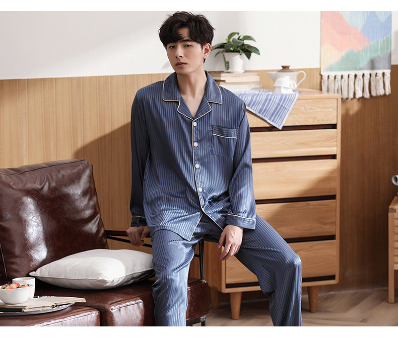 2019安得妮韩国情侣条纹睡衣春秋长袖套装真丝睡衣男女士冰丝睡衣