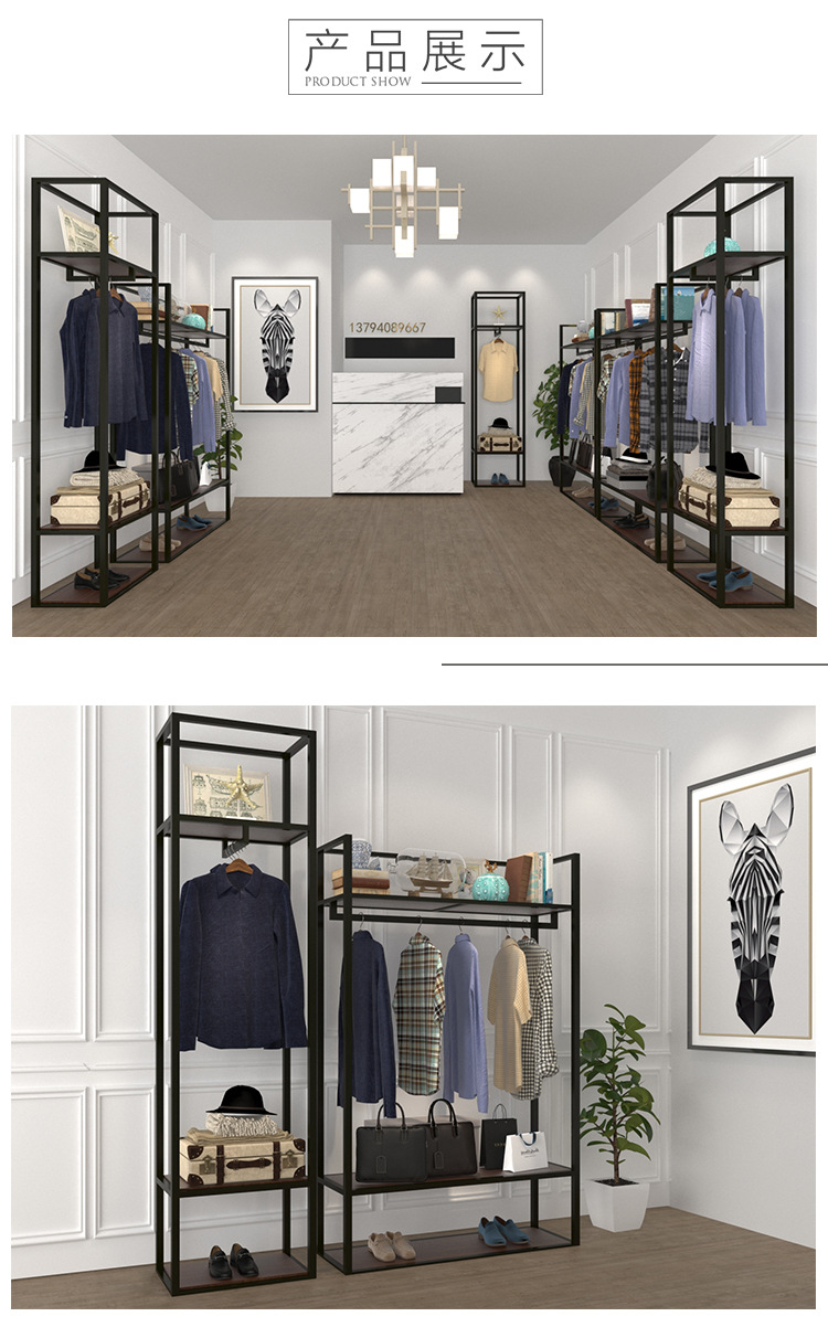 定制双层服装店高架落地式衣架衣服展示货架挂衣服正侧陈列展示架