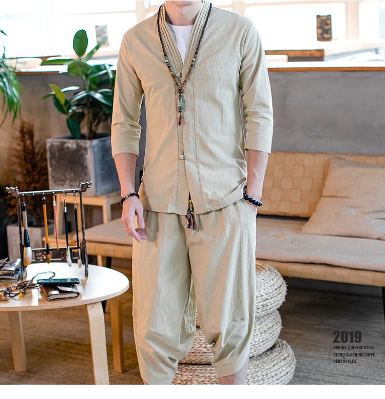 中国风汉服套装2020春季宽松刺绣亚麻套装男复古盘扣棉麻t恤一套