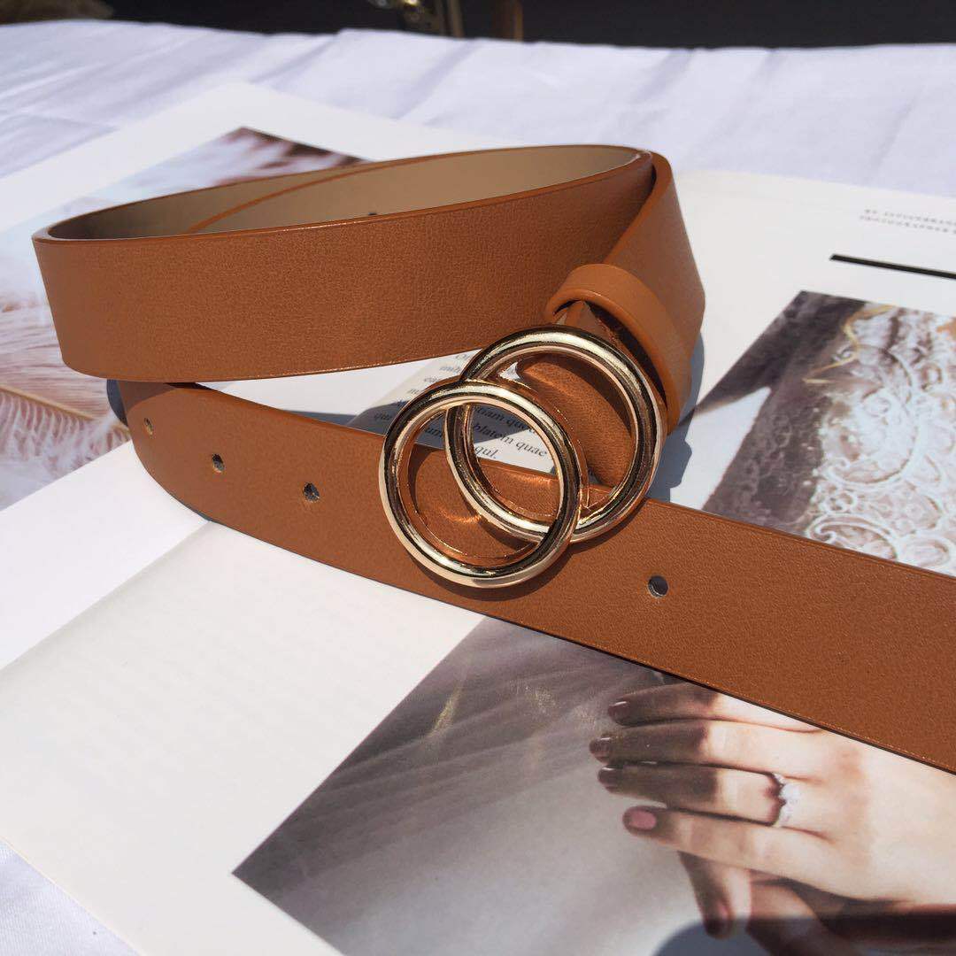 复古韩国双环腰带百搭黑色皮带双环圆扣平滑暗扣带学生女士潮