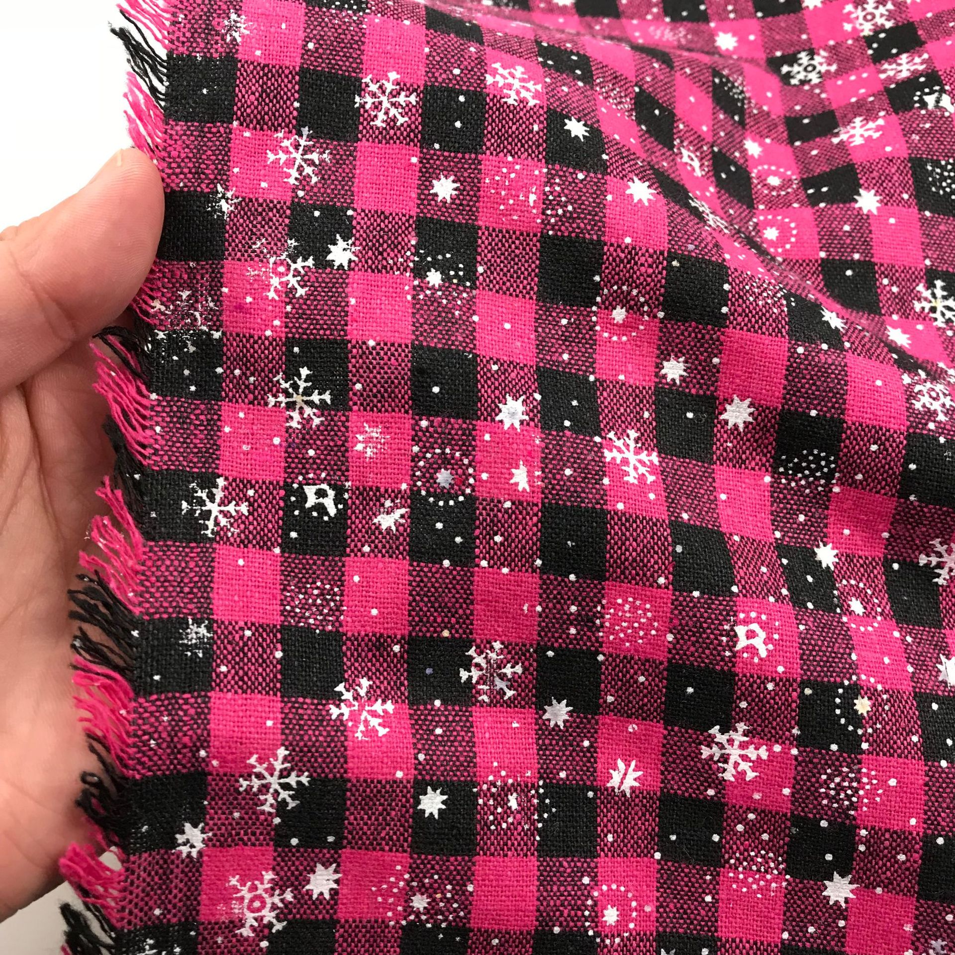 圣诞节系列 厂家直销色织棉格舞台服表演服粉色格子布棉胶印雪花