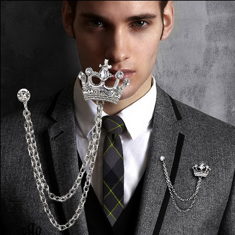 欧美高档男士胸针英伦风西装衬衣链条领针 皇冠徽章胸花配饰批发