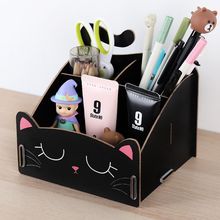 猫咪熊猫兔子化妆品桌面收纳盒木质创意卡通笔筒赠品