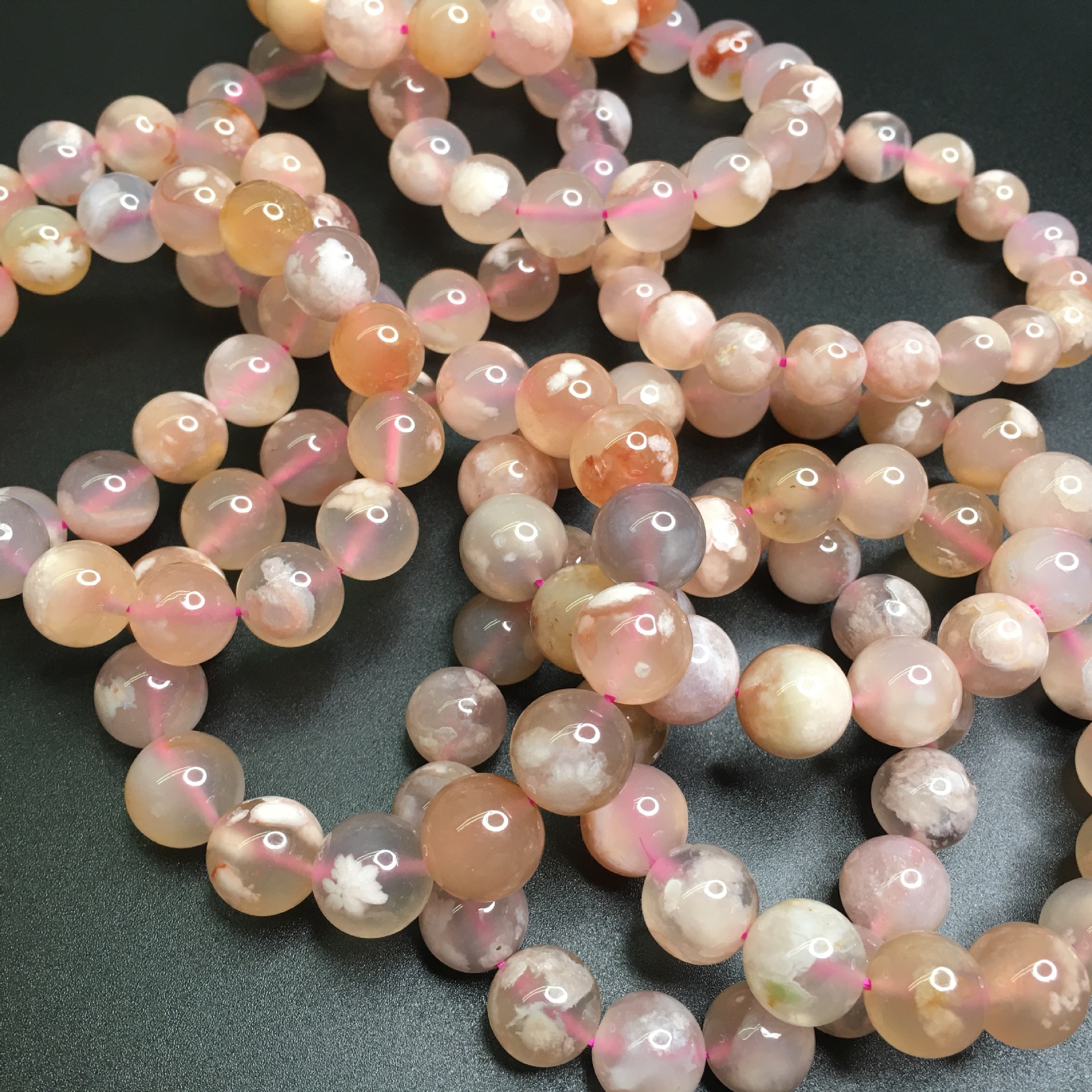 天然老矿马达加斯加高冰樱花玛瑙圆珠单圈手串樱花手链厂家直销