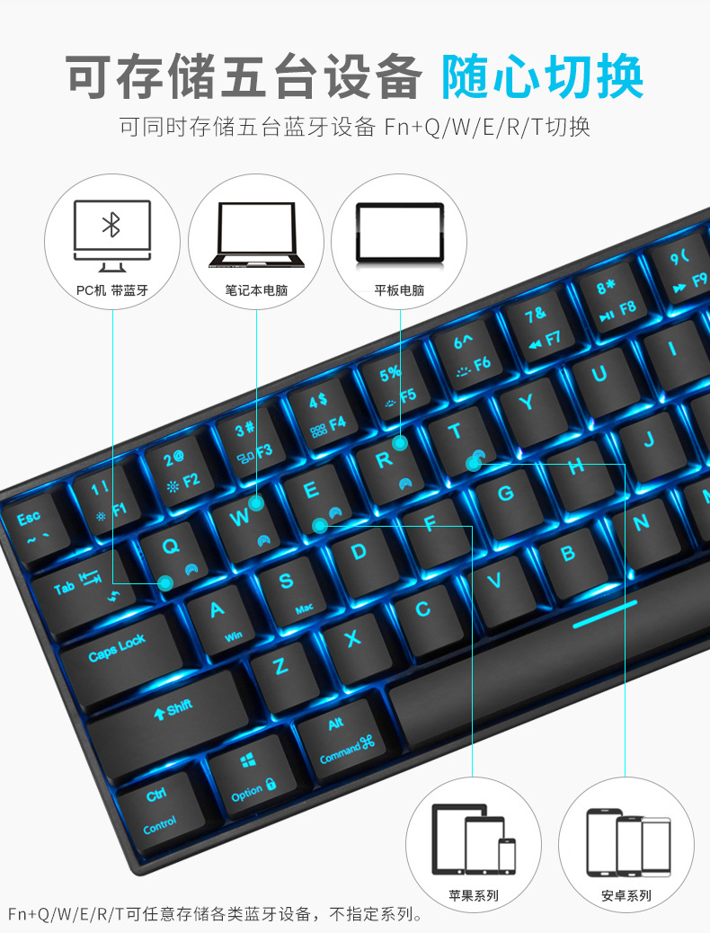 rk71键蓝牙无线有线双模真机械青红茶轴键盘电脑办公手机平板便携