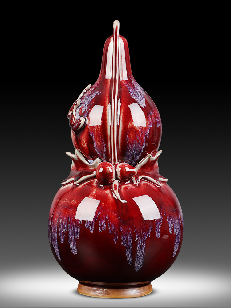 钧瓷雕刻葫芦小花瓶景德镇窑变陶瓷工艺品摆件中式风水装饰吉祥物