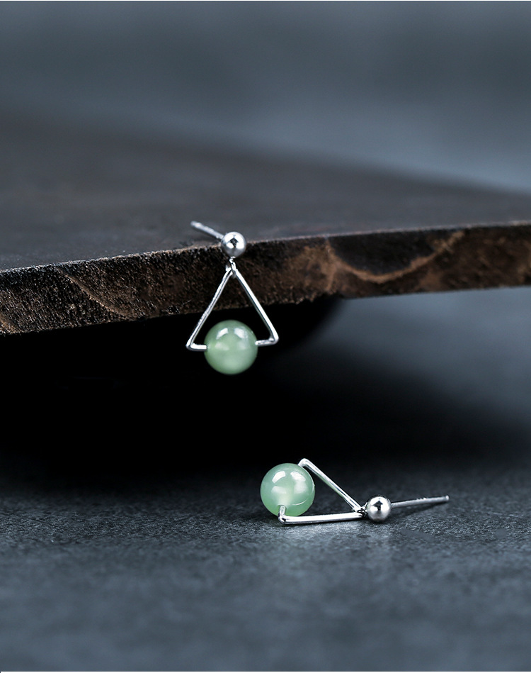 s925纯银玉石耳钉女 几何形日韩气质几何款耳环 天然和田玉耳饰