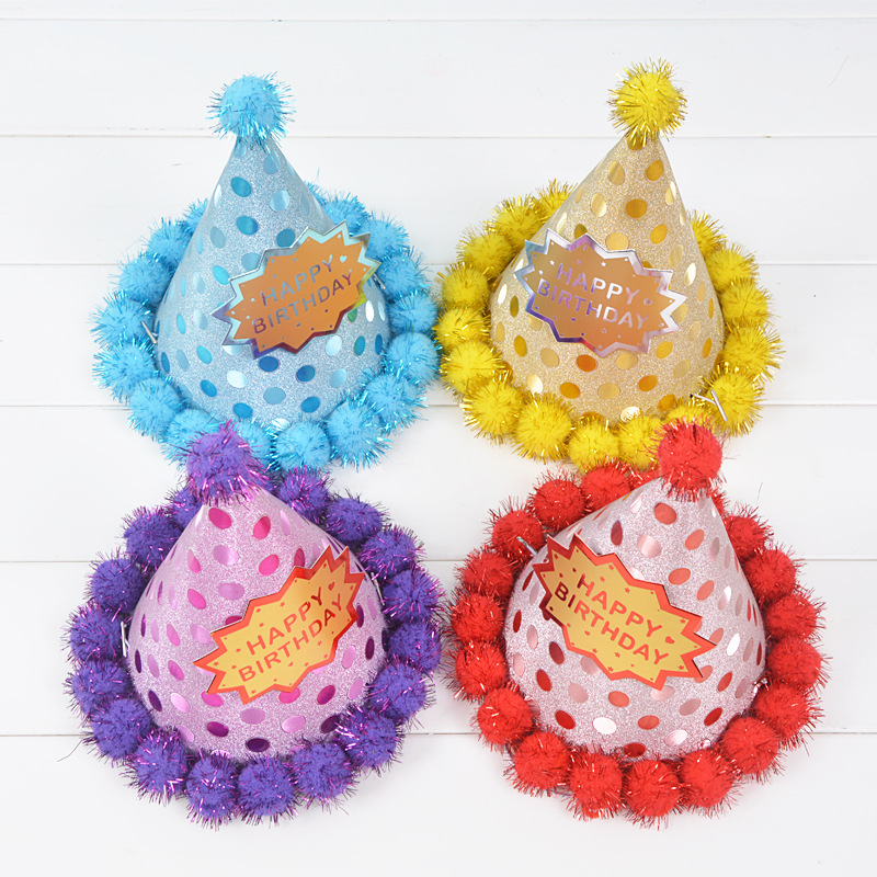 Creative Birthday Hat Adult and Children Baby Birthday Party Hat Pompons Decorative Pointed Paper Hat Factory Wholesale